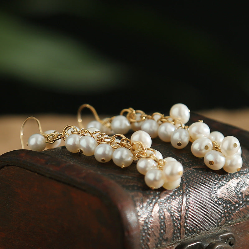 Freshwater Cultured Pearl Dangling Earrings Multi Strand Long Pearl Earrings in 14K Gold Over Sterling Silver Clasp