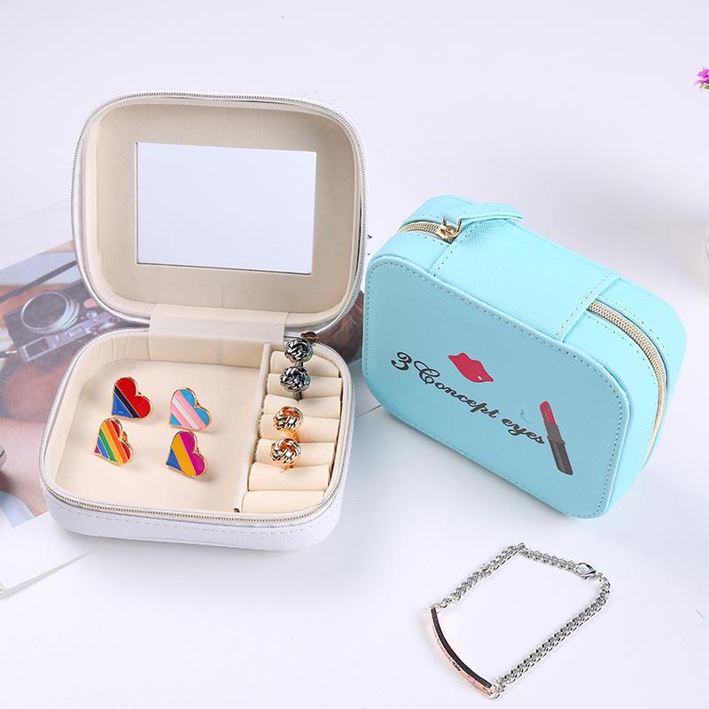 Double-layer Mini stud earrings rings Jewelry Box Useful Makeup Organizer With Zipper Travel Portable Jewelry PU Box