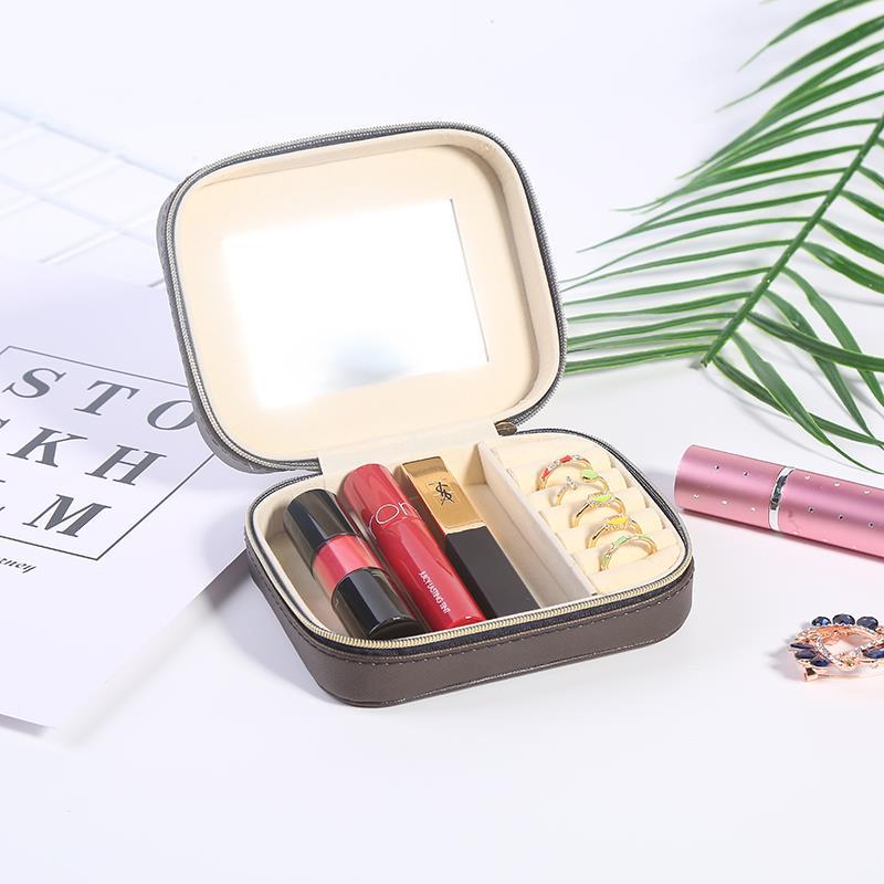 Double-layer Mini stud earrings rings Jewelry Box Useful Makeup Organizer With Zipper Travel Portable Jewelry PU Box