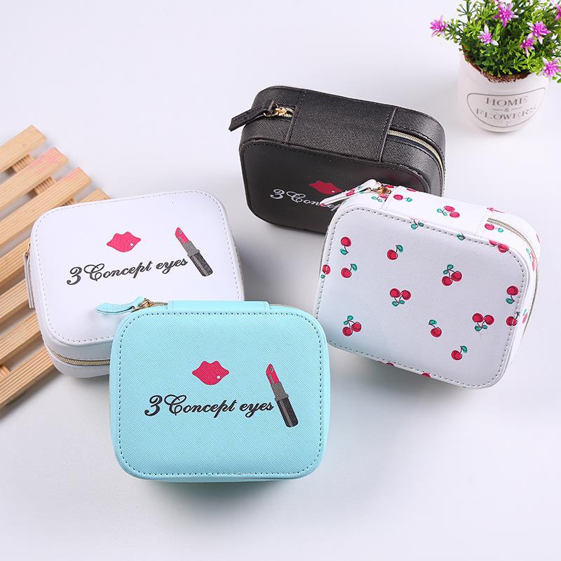 Double-layer Mini stud earrings rings Jewelry Box Useful Makeup Organizer With Zipper Travel Portable Jewelry PU Box