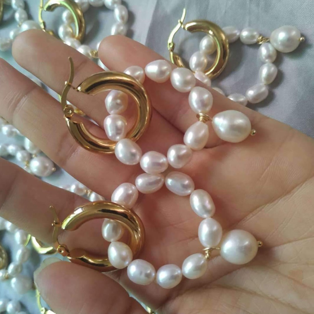 AAA Freshwater Pearl Dangle Earrings Gold Hoop with Pearl Drop Earrings in 14K Gold Over Sterling Silver Pin