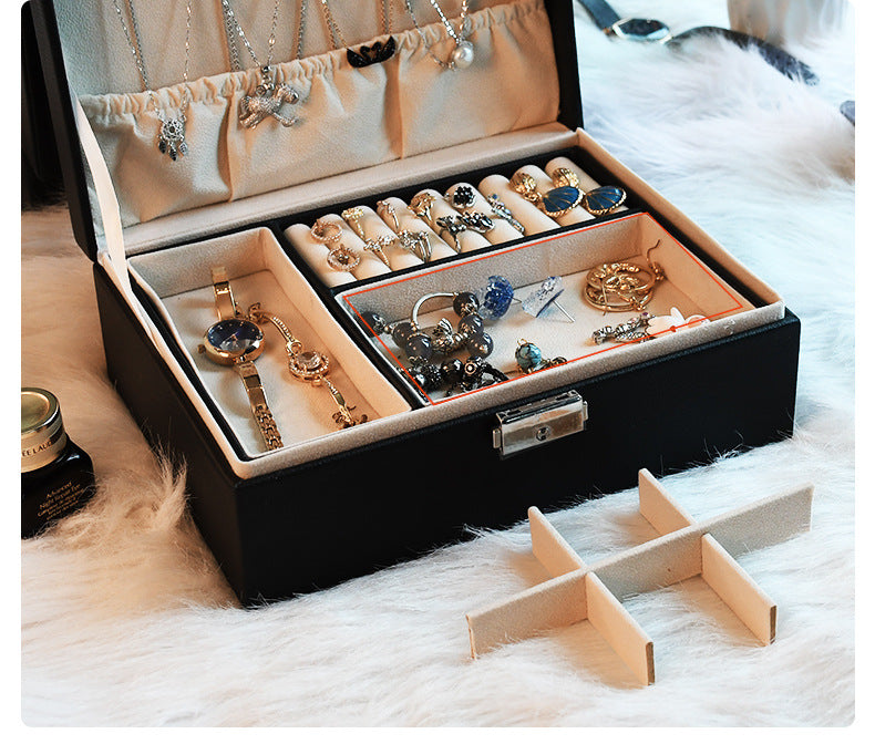 Double-layer Mini stud earrings rings Jewelry Box Useful Makeup Organizer Travel Portable Jewelry PU Box