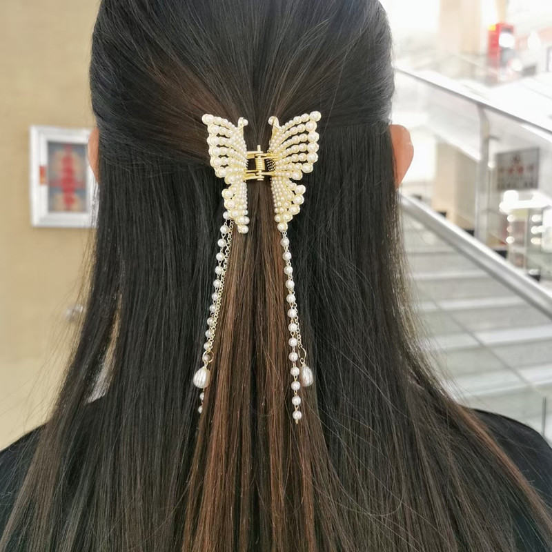 Butterfly Claw Clips | Gold Claw Clip | Hair Claw Clips with Pearl Dangling