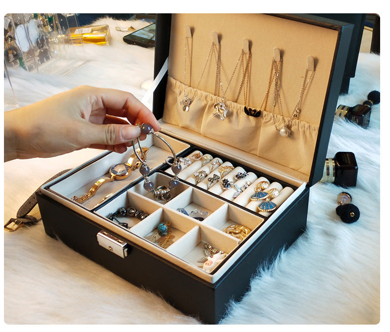 Double-layer Mini stud earrings rings Jewelry Box Useful Makeup Organizer Travel Portable Jewelry PU Box