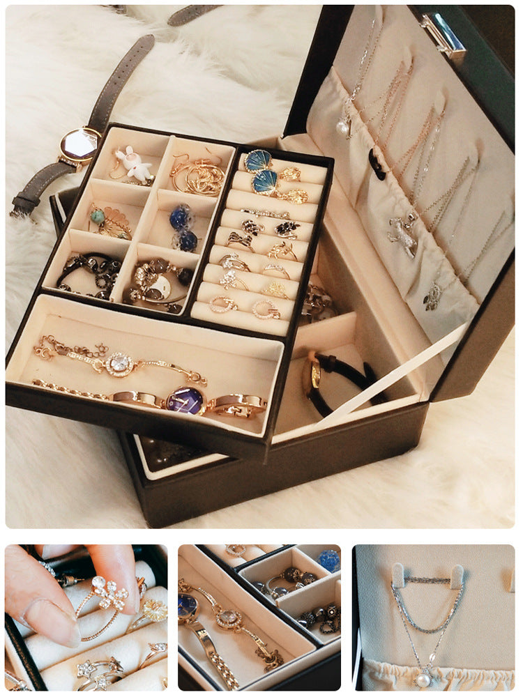 Double-layer Mini stud earrings rings Jewelry Box Useful Makeup Organizer Travel Portable Jewelry PU Box