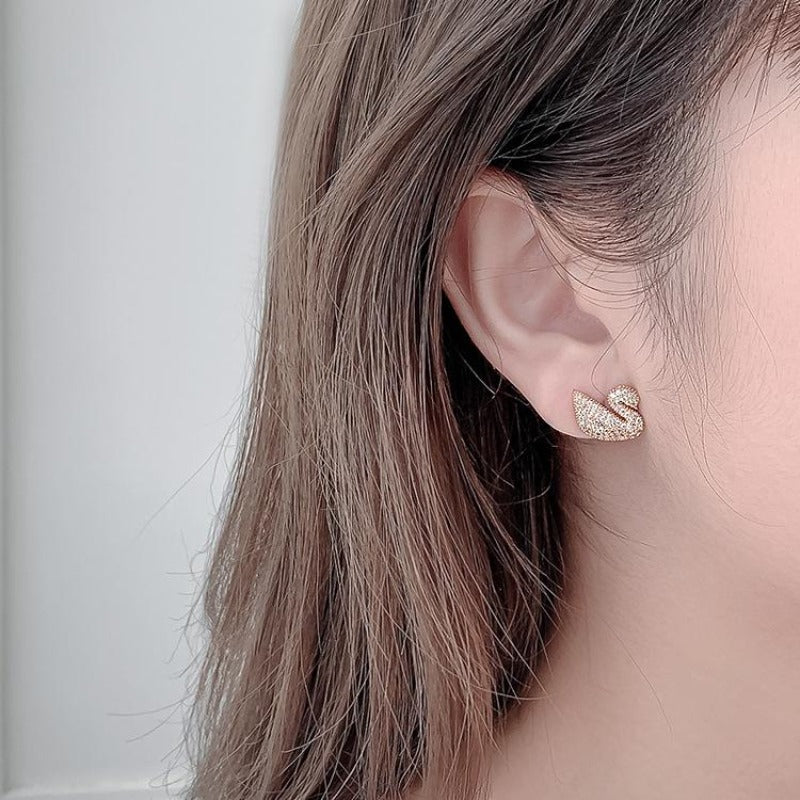 Crystal Swan Earrings Gold and Silver Swan Studs in S925 Silver Pin