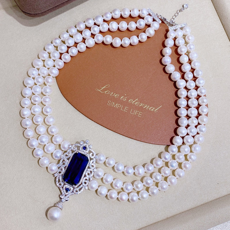 6-7 mm Multi Strand Freshwater Pearl Necklace and Bracelet Set | 3 Strand Pearl Necklace with Pendant Jewelry Set