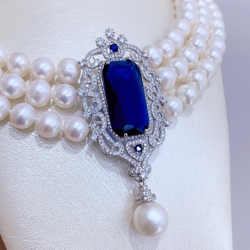 6-7 mm Multi Strand Freshwater Pearl Necklace and Bracelet Set | 3 Strand Pearl Necklace with Pendant Jewelry Set