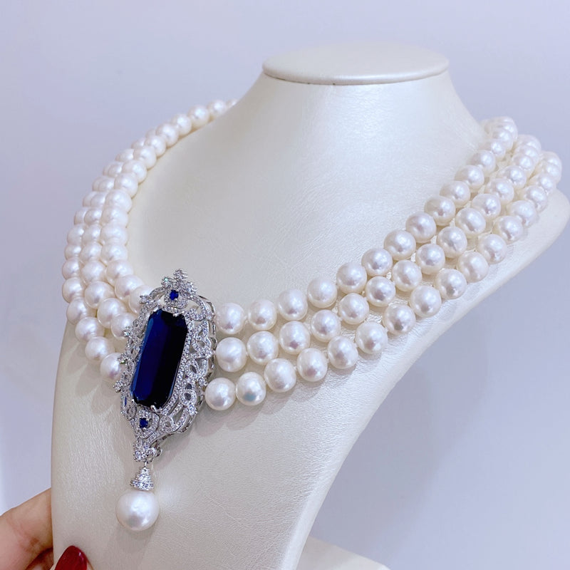 6-7 mm Multi Strand Freshwater Pearl Necklace and Bracelet Set | 3 Strand Pearl Necklace with Pendant Jewelry Set