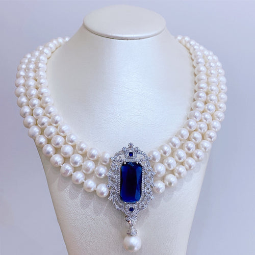 8-9 mm Cultured Freshwater Multi Strand Round Pearl Necklace with Sterling Silver