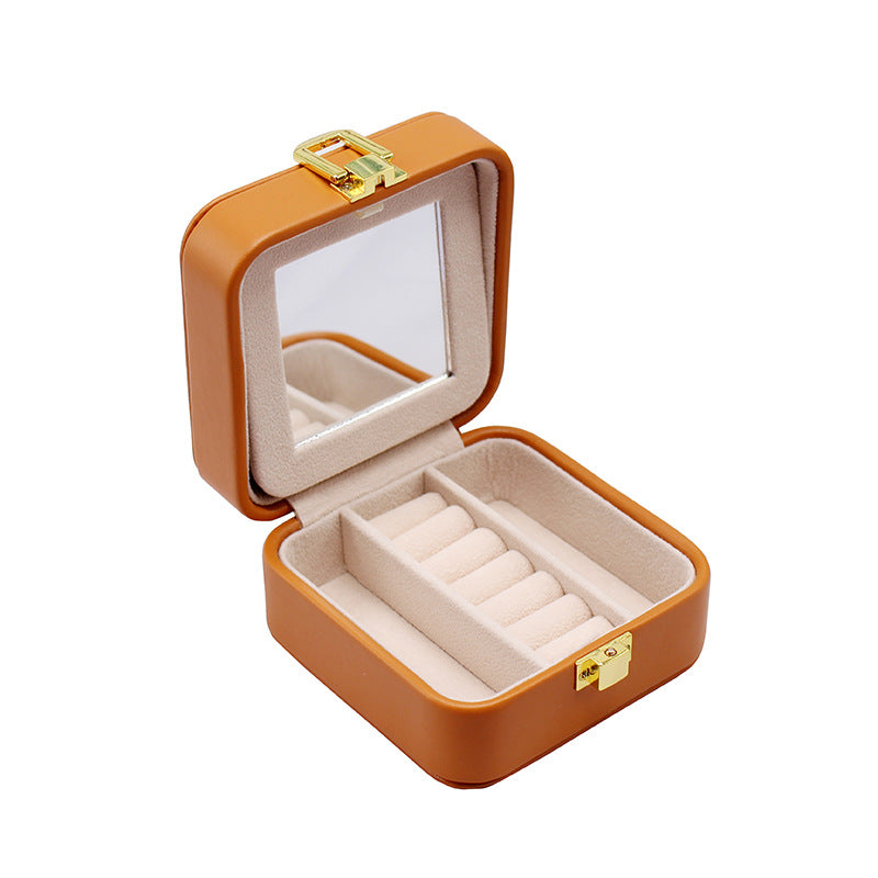 Double-layer Mini stud earrings rings Jewelry Mirror Box Useful Makeup Organizer Travel Portable Jewelry PU Box