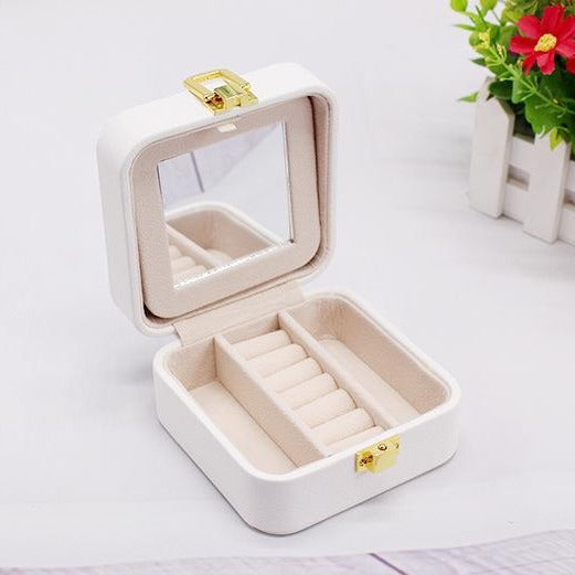 Double-layer Mini stud earrings rings Jewelry Mirror Box Useful Makeup Organizer Travel Portable Jewelry PU Box