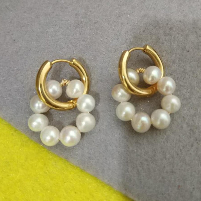 Boucles d'oreilles créoles en perles d'eau douce AAA en or 14 carats sur argent sterling (6-7 mm)