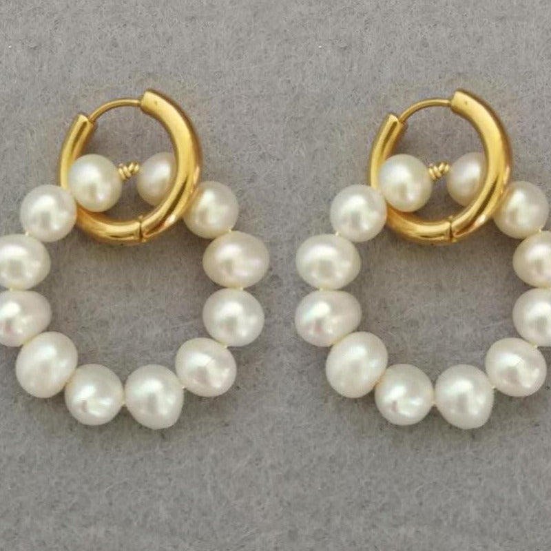 Boucles d'oreilles créoles en perles d'eau douce AAA en or 14 carats sur argent sterling (6-7 mm)