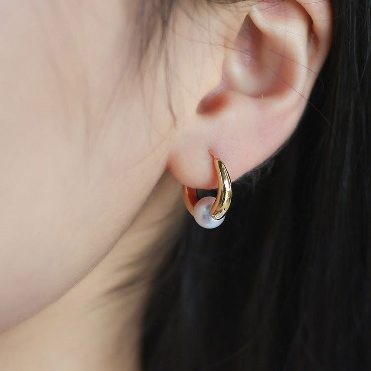 Pendientes de aro de oro grueso | Pendientes Huggie | Pendientes de aro gruesos con perlas