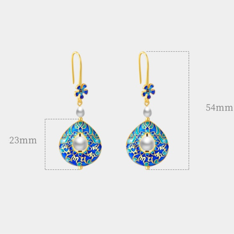 Aretes colgantes estilo cloisonné de perlas cultivadas de agua dulce en oro de 14 quilates sobre plata de ley (4-5 mm)