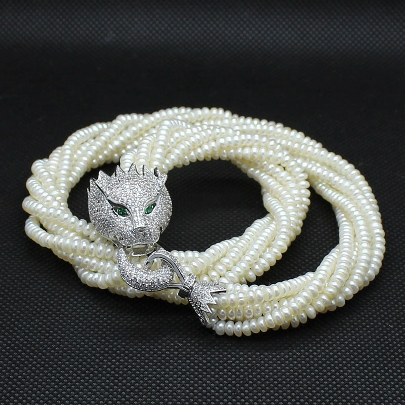 Leopard multi strand pearl necklace silver setting