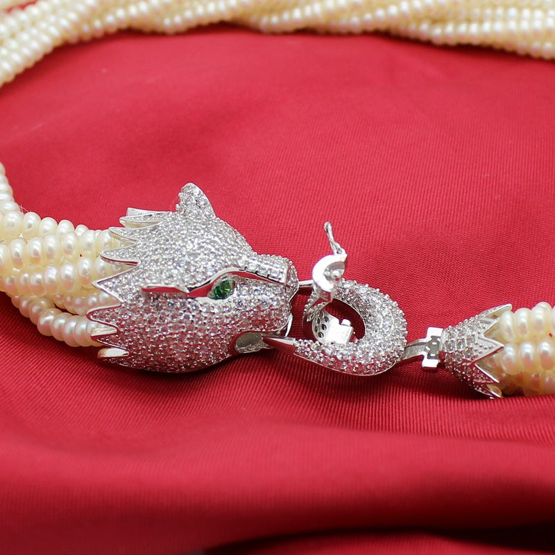 100% Handmade Leopard Multi Strand Freshwater Pearl Chain Necklace And Bracelet Set in Sterling Silver