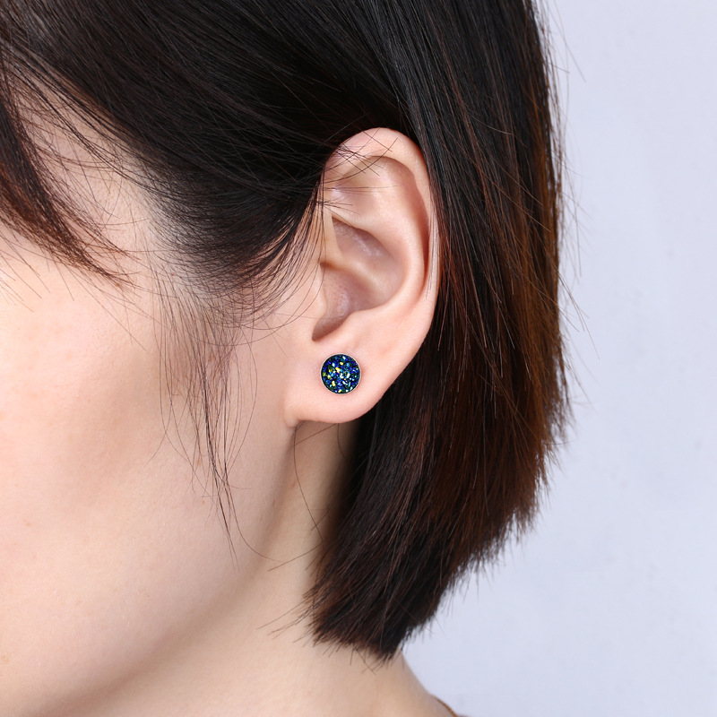 10mm Glitter Crystal Stud Earrings | Drusy Stud Earrings | Sterling Silver Stud Earrings for Men and Women (8mm)