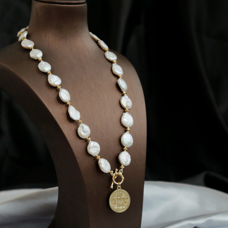 Real Cultured Big Baroque Pearl Necklace in 14k Gold Over Sterling Silver Coin Shape High Luster Baroque Pearl Necklace
