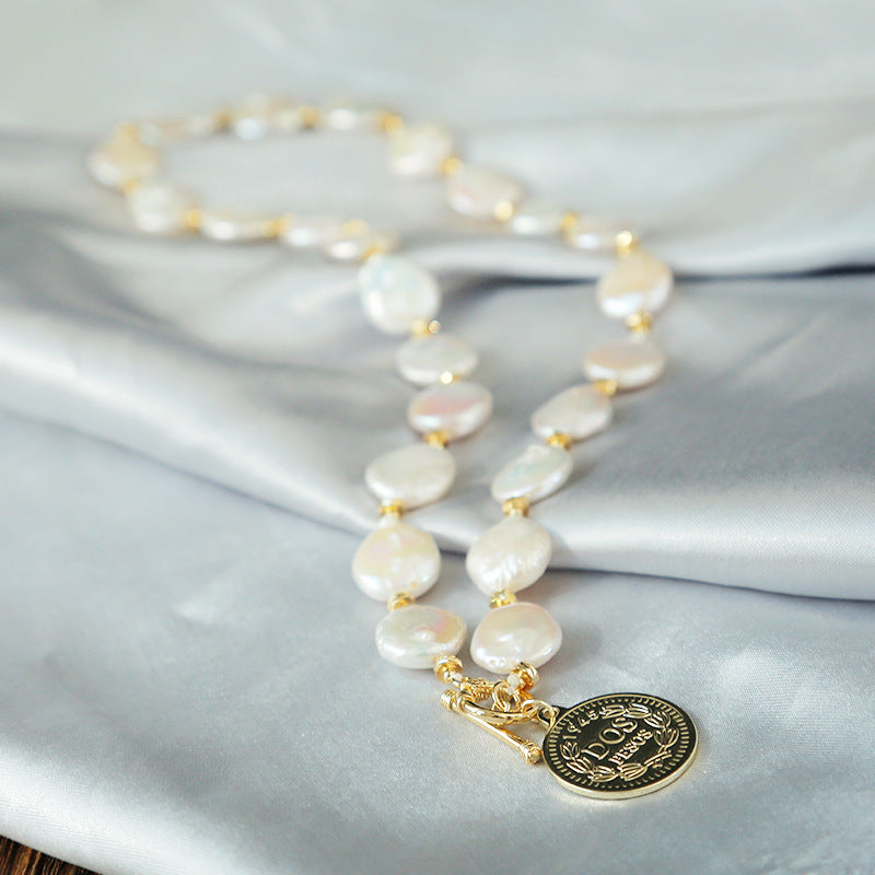 Real Cultured Big Baroque Pearl Necklace in 14k Gold Over Sterling Silver Coin Shape High Luster Baroque Pearl Necklace