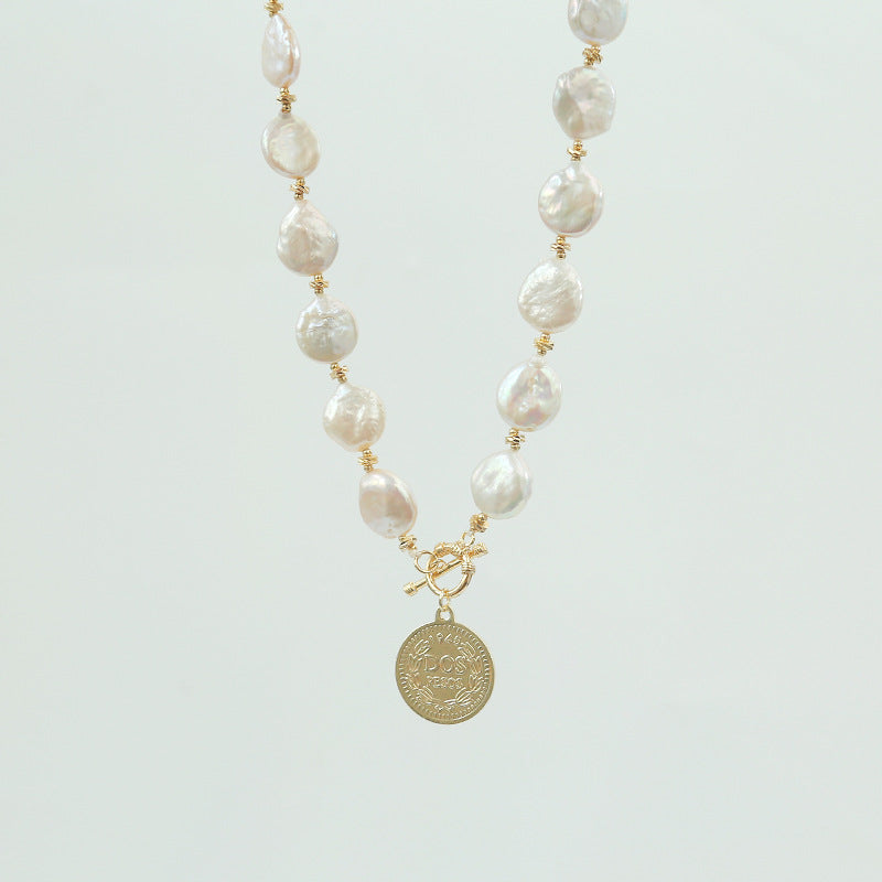 Real Cultured Big Baroque Pearl Necklace in 14k Gold Over Sterling Silver Coin Shape High Luster Baroque Pearl Necklace