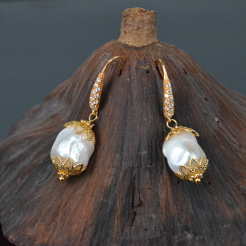 10-12mm Baroque Freshwater Pearl Earrings with18K Gold Handmade Jewelry