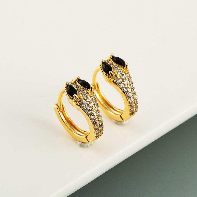 Crystal Snake Earrings 14K Gold Snake Hoop Earrings with Silver Pin