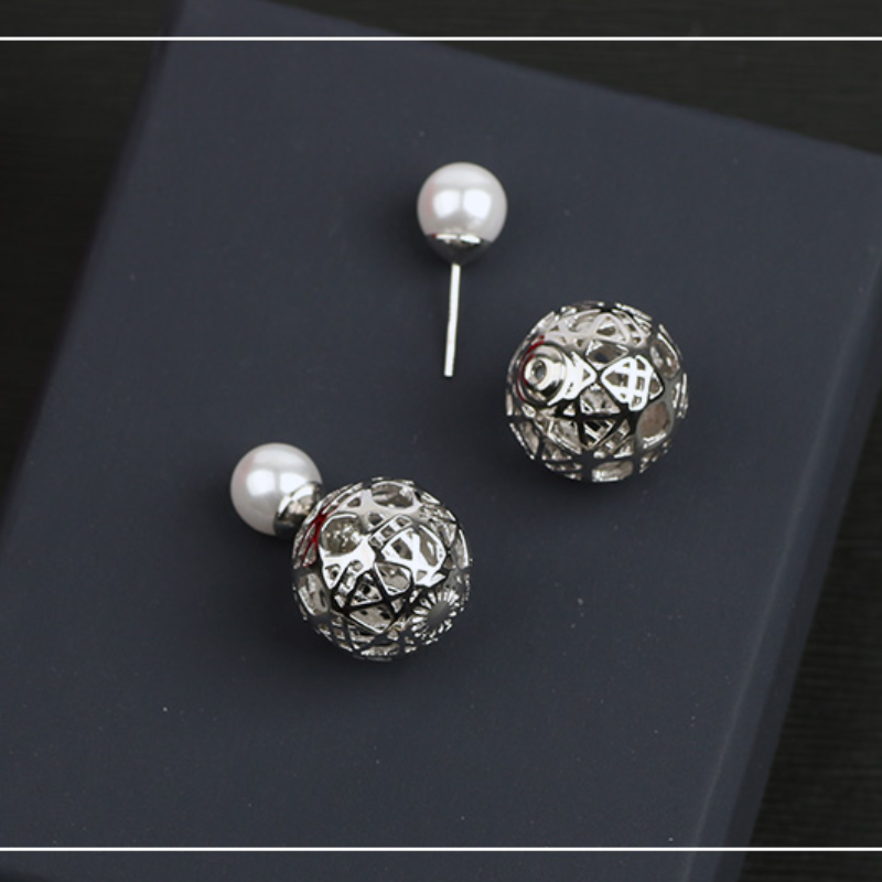 Gold and Silver 2 Sided Stud Earrings Hollow Sphere Pearl Earrings for Women in 14K Gold Over Sterling Silver