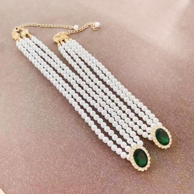 Pearl Necklace and Earring Set | Multi Strand Pearl Necklace Emerald Stud Earrings in a Jewelry Set