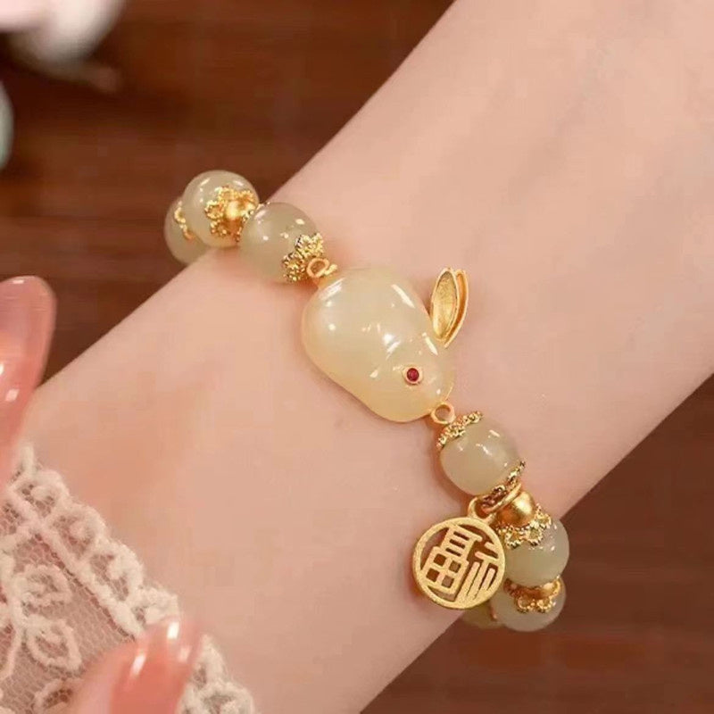 8MM Jade Rabbit Bracelet | Elestic Bracelet with 14K Plated Golden Floral Edges | Lucky Year of the Rabbit Jewelry