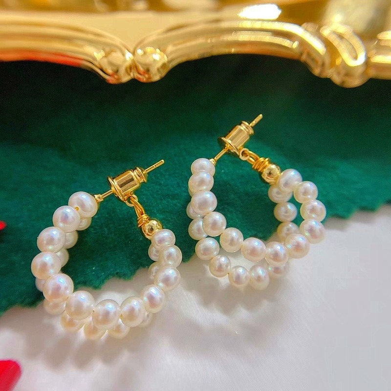 Handmade Double Hoop Pearl Earrings AAA Freshwater Cultured Pearl Hoop Earrings in 14K Gold Over Sterling Silver(4-5mm)