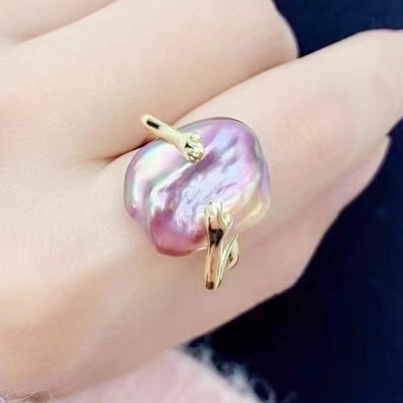 Bague ouverte en argent plaqué or avec perle baroque véritable de grande taille AAA, taille réglable