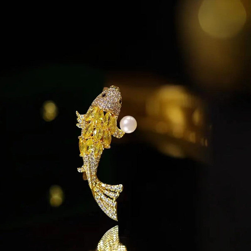 AAA Real Pearl Goldfish Brooch | Freshwater Pearl Brooch with 18K Gold Plated | Luckly Fish Brooch with S925 Sliver Pin