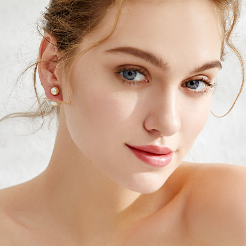 Elegant Two Round Pearl Earrings Double Sided Pearl Earrings with S925 Silver Pin Front and Back Pearl 8 and 16mm