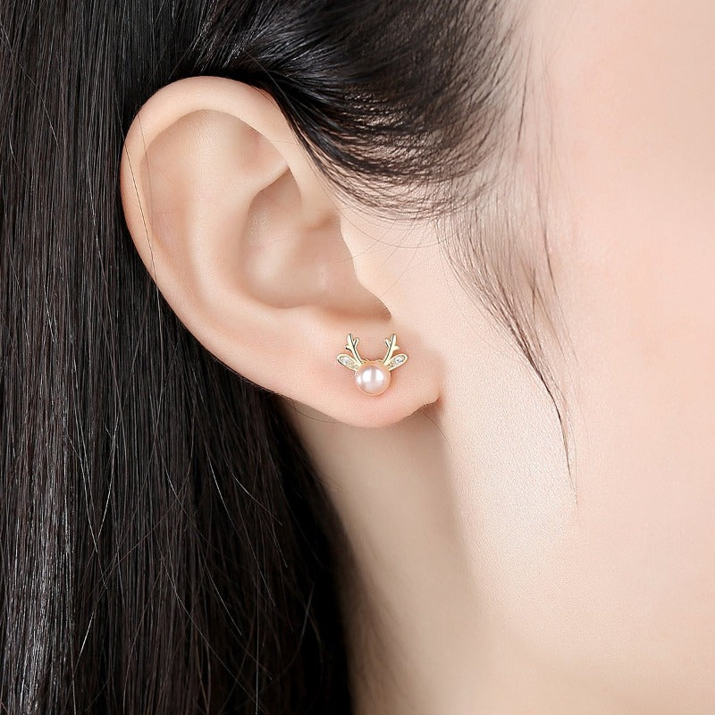 4-5mm AAAA Reindeer Freshwater Cultured Pearl Stud Earrings in 14K Gold Over Sterling Silver