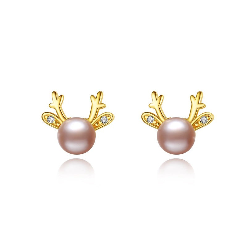 Reindeer Pearl Earrings Gold | Pink Freshwater Real Pearl Stud Earrings | Huge Tomato Jewelry