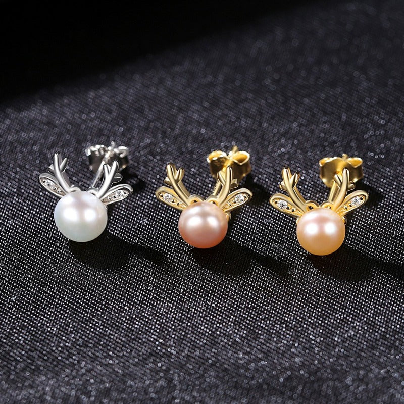 4-5mm AAAA Reindeer Freshwater Cultured Pearl Stud Earrings in 14K Gold Over Sterling Silver