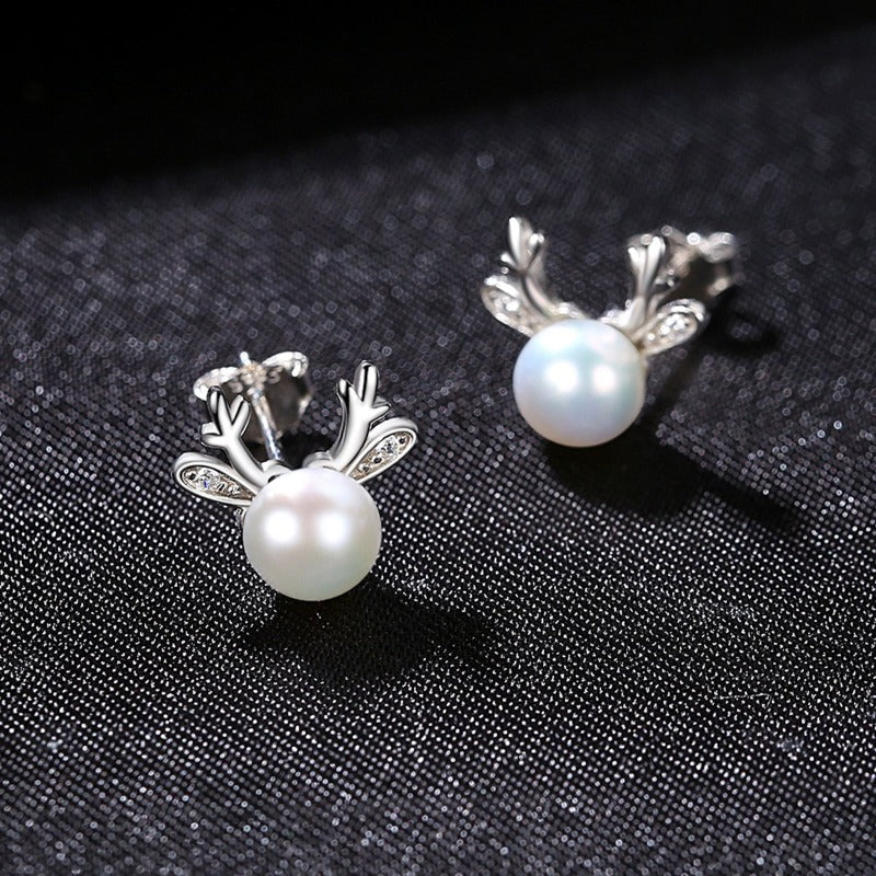 4-5mm AAAA Reindeer Freshwater Cultured Pearl Stud Earrings in 14K Gold Over Sterling Silver