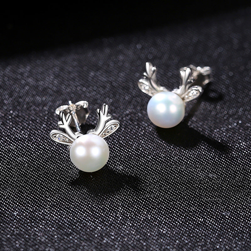 4-5mm AAAA Reindeer Freshwater Cultured Pearl Stud Earrings in 14K Gold Over Sterling Silver