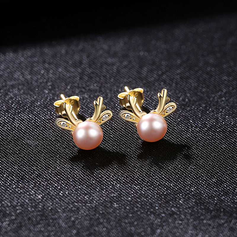 4-5mm AAAA Reindeer Freshwater Cultured Pearl Stud Earrings in 14K Gold Over Sterling Silver
