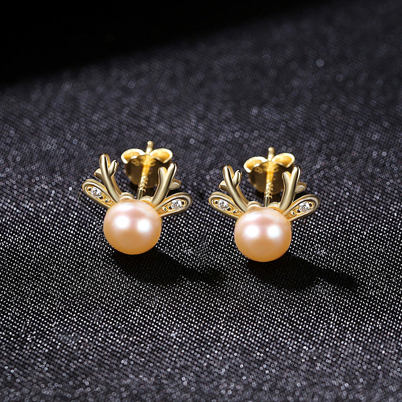 4-5mm AAAA Reindeer Freshwater Cultured Pearl Stud Earrings in 14K Gold Over Sterling Silver