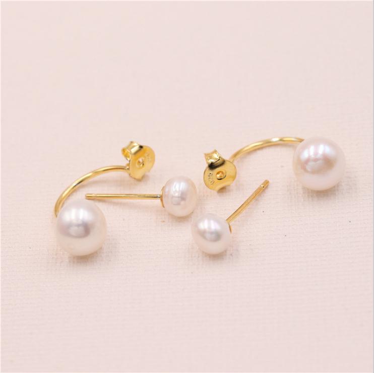 Boucles d'oreilles en perles véritables AAA | Boucles d'oreilles pendantes à double perle très brillante avec fermoirs en argent et or 18 carats