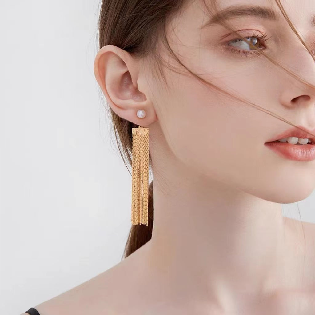 Gold Tassel Freshwater Pearl Dangle Earrings | Real Pearl Long Earring Jackets with Sterling Silver Pin