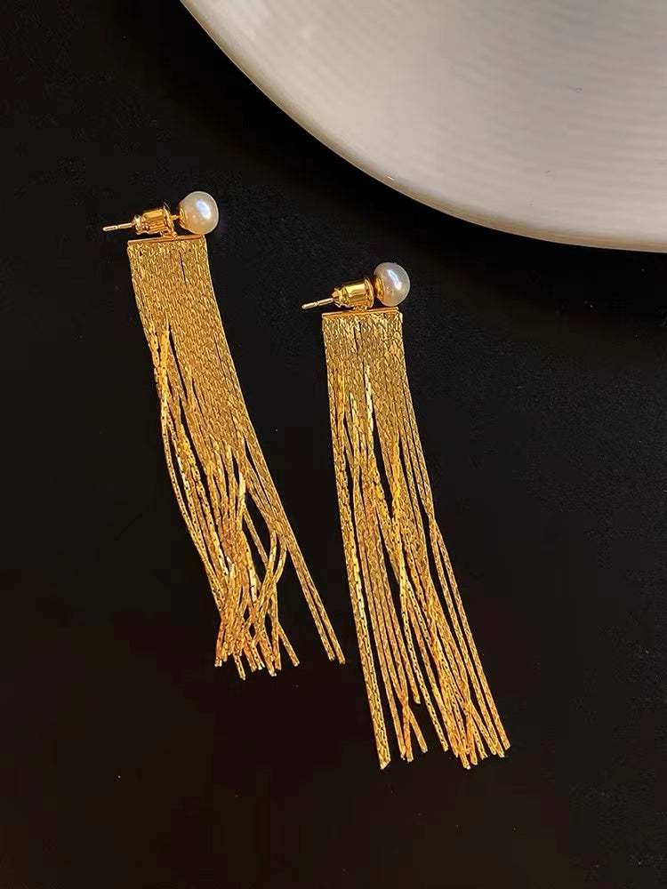 Gold Tassel Freshwater Pearl Dangle Earrings | Real Pearl Long Earring Jackets with Sterling Silver Pin