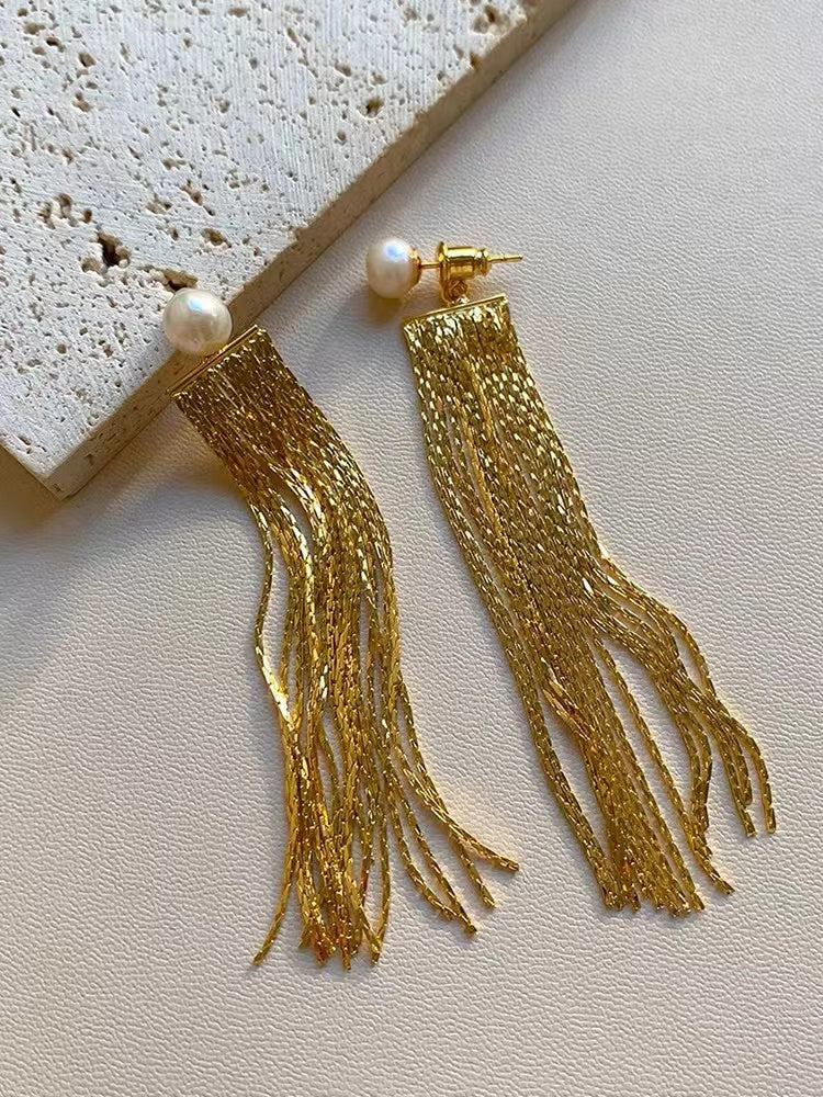 Gold Tassel Freshwater Pearl Dangle Earrings | Real Pearl Long Earring Jackets with Sterling Silver Pin