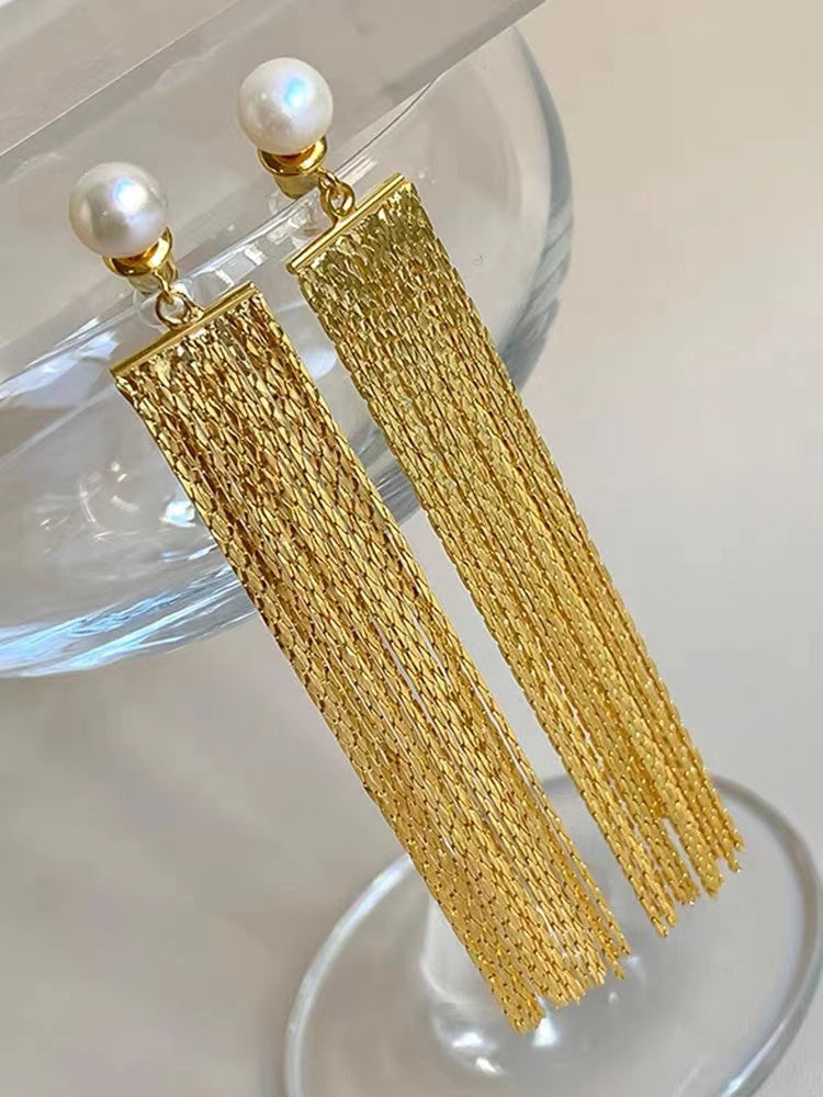 Gold Tassel Freshwater Pearl Dangle Earrings | Real Pearl Long Earring Jackets with Sterling Silver Pin