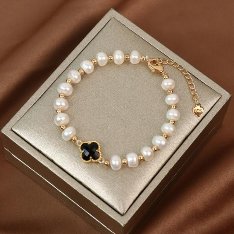 Bracelet en perles d'eau douce et perles d'or de 7 à 8 mm Bracelet en trèfle de cristal Fermoir en or 14 carats sur argent sterling