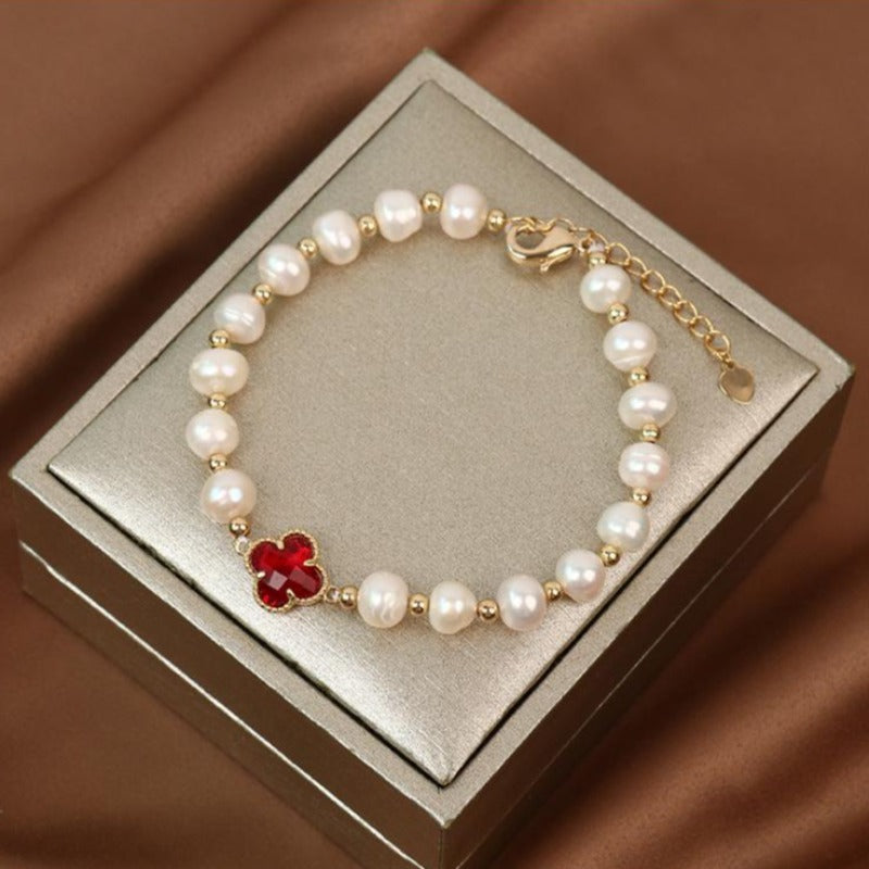 Bracelet en perles d'eau douce et perles d'or de 7 à 8 mm Bracelet en trèfle de cristal Fermoir en or 14 carats sur argent sterling