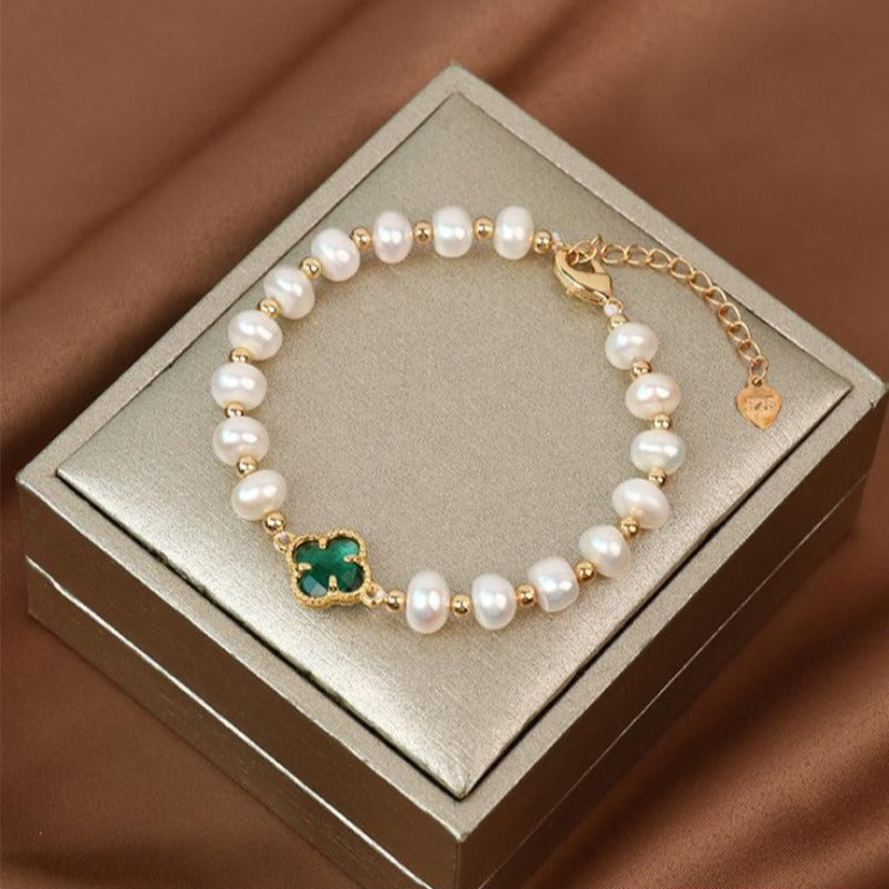 Bracelet en perles d'eau douce et perles d'or de 7 à 8 mm Bracelet en trèfle de cristal Fermoir en or 14 carats sur argent sterling